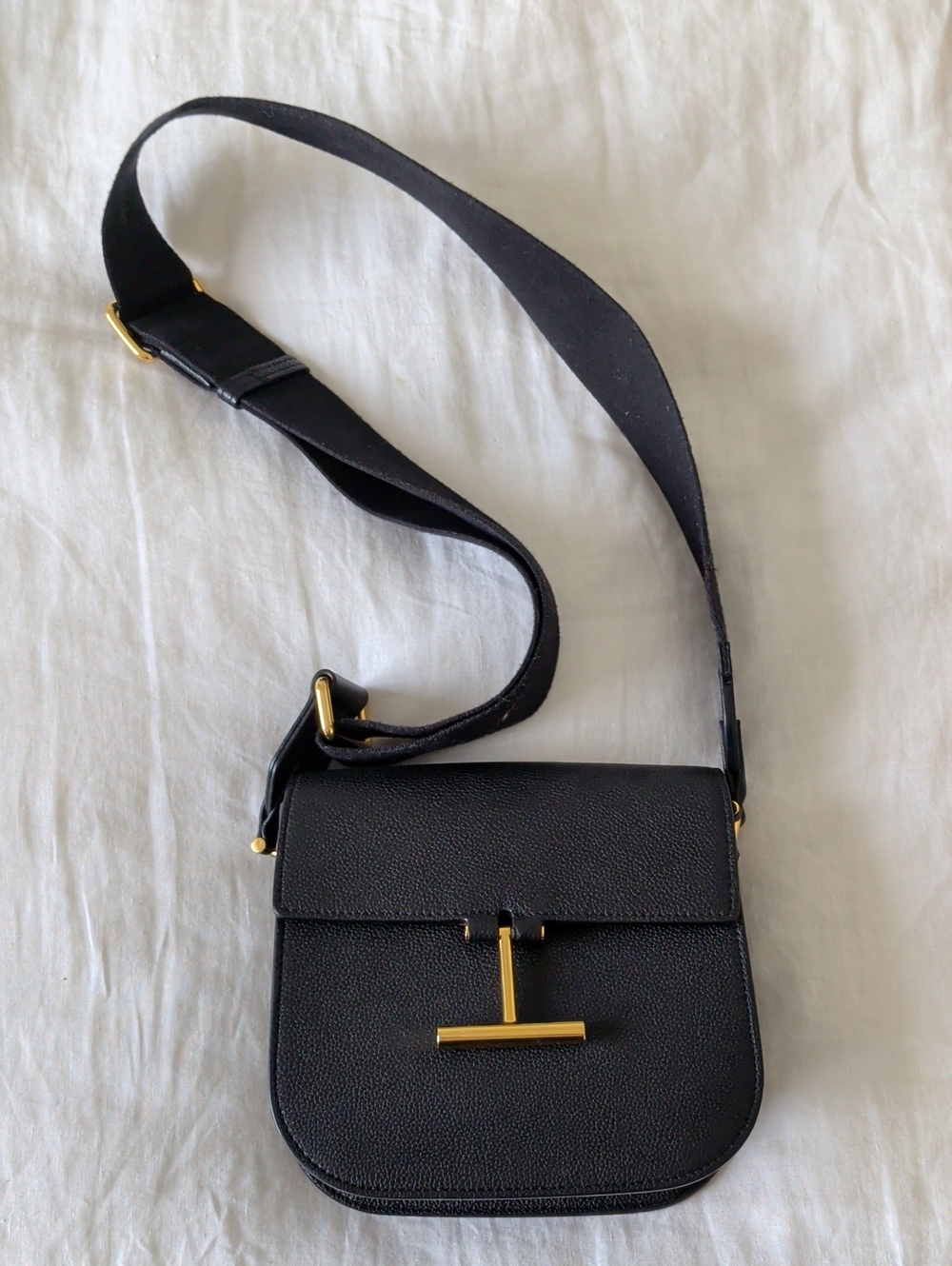 Tom Ford Black Leather Crossbody with Gold T-Bar
